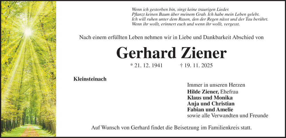  Traueranzeige für Gerhard Ziener vom 29.11.2025 aus Neustadt/ Scheinfeld/ Uffenheim