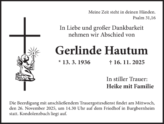 Traueranzeige von Gerlinde Hautum von Neustadt/ Scheinfeld/ Uffenheim