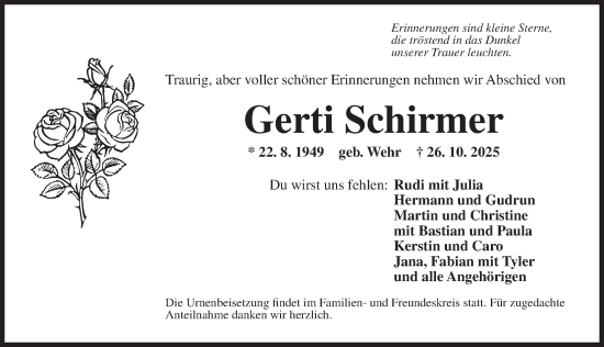 Traueranzeige von Gerti Schirmer von Neustadt/ Scheinfeld/ Uffenheim