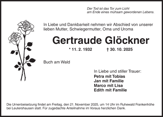 Traueranzeige von Gertraude Glöckner von Rothenburg
