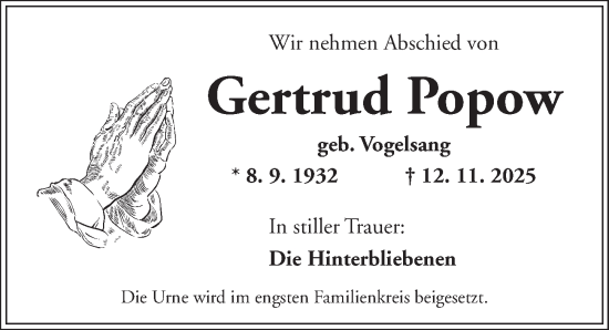 Traueranzeige von Gertrud Popow von Ansbach