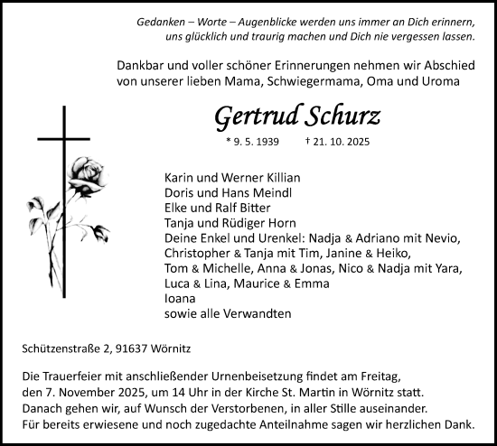 Traueranzeige von Gertrud Schurz von Rothenburg