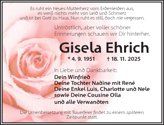 Traueranzeige von Gisela Ehrich von Ansbach