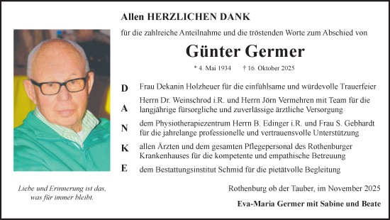 Traueranzeige von Günter Germer von Rothenburg