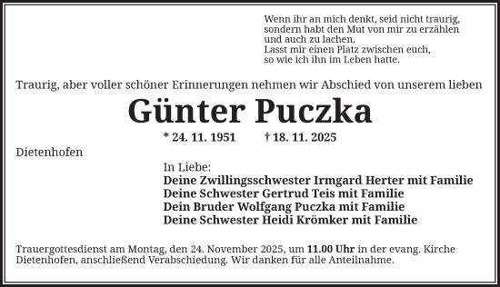 Traueranzeige von Günter Puczka von Ansbach