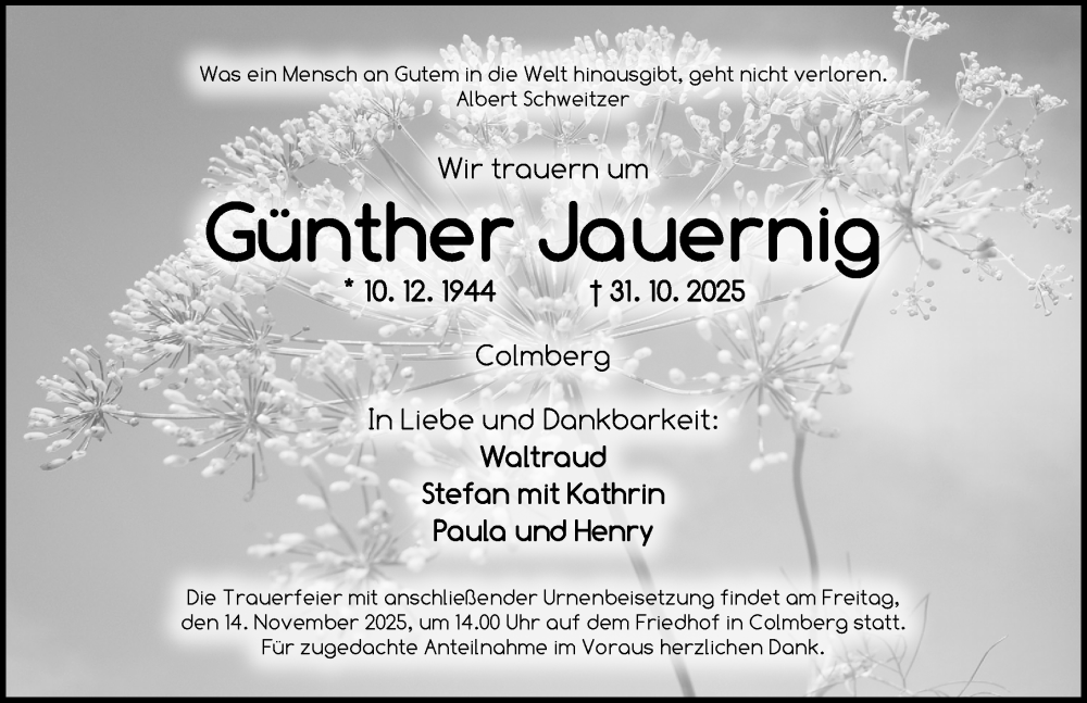  Traueranzeige für Günther Jauernig vom 12.11.2025 aus Ansbach