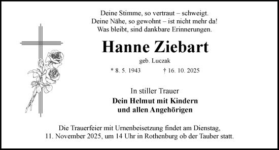 Traueranzeige von Hanne Ziebart von Rothenburg