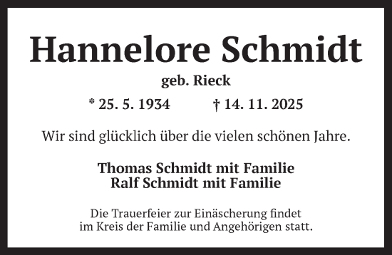 Traueranzeige von Hannelore Schmidt von Ansbach
