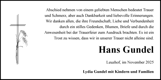 Traueranzeige von Hans Gundel von Rothenburg