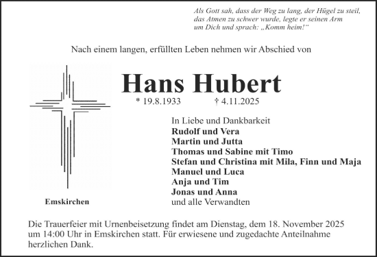 Traueranzeige von Hans Hubert von Neustadt/ Scheinfeld/ Uffenheim