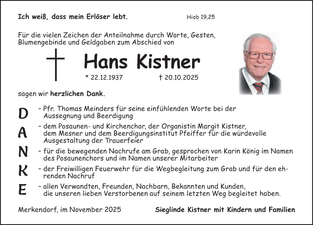  Traueranzeige für Hans Kistner vom 15.11.2025 aus Ansbach