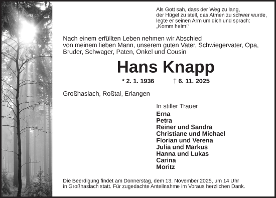 Traueranzeige von Hans Knapp von Ansbach