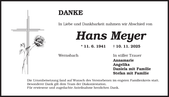 Traueranzeige von Hans Meyer von Ansbach