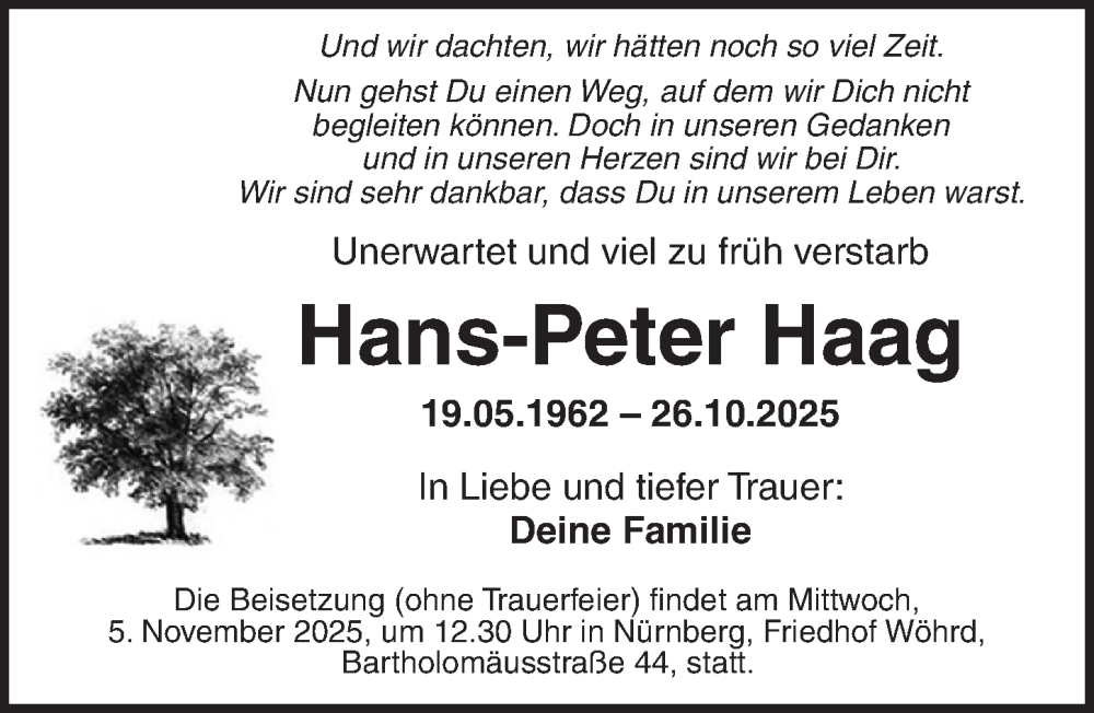  Traueranzeige für Hans-Peter Haag vom 04.11.2025 aus Rothenburg
