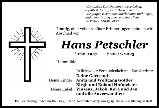 Traueranzeige von Hans Petschler von Dinkelsbühl/ Feuchtwangen