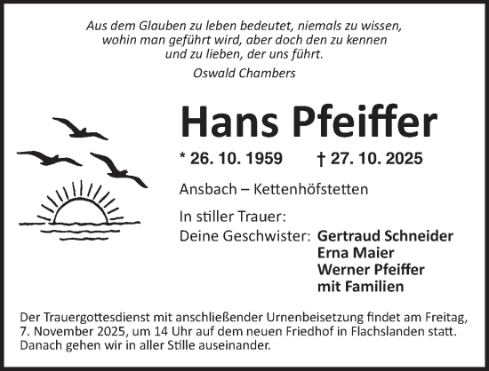 Traueranzeige von Hans Pfeiffer von Ansbach