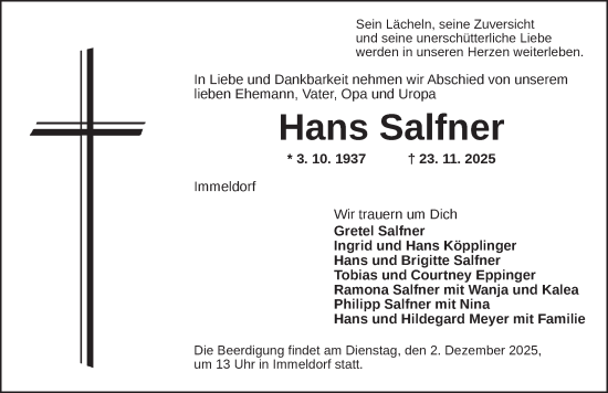 Traueranzeige von Hans Salfner von Ansbach