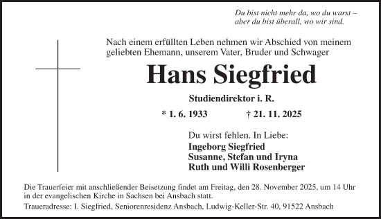 Traueranzeige von Hans Siegfried von Ansbach