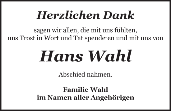 Traueranzeige von Hans Wahl von Dinkelsbühl/ Feuchtwangen
