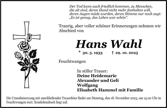 Traueranzeige von Hans Wahl von Dinkelsbühl/ Feuchtwangen