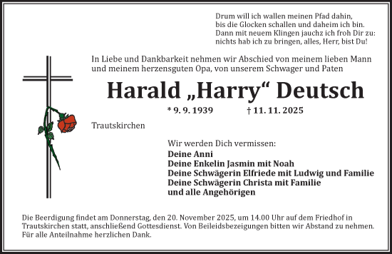 Traueranzeige von Harald Deutsch von Neustadt/ Scheinfeld/ Uffenheim