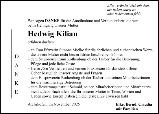 Traueranzeige von Hedwig Kilian von Rothenburg