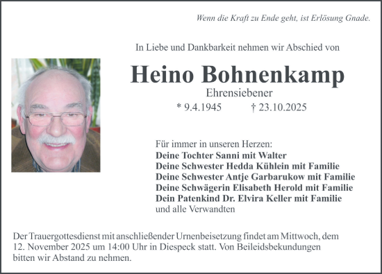 Traueranzeige von Heino Bohnenkamp von Neustadt/ Scheinfeld/ Uffenheim