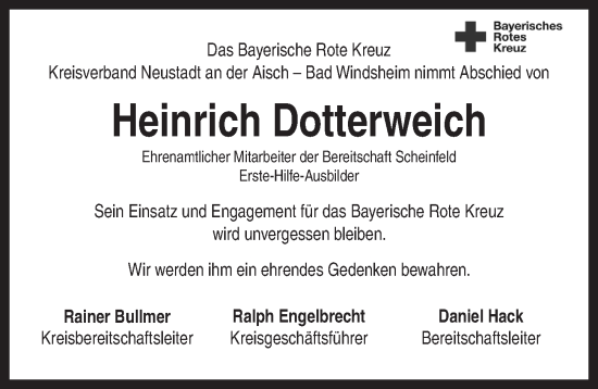 Traueranzeige von Heinrich Dotterweich von Neustadt/ Scheinfeld/ Uffenheim