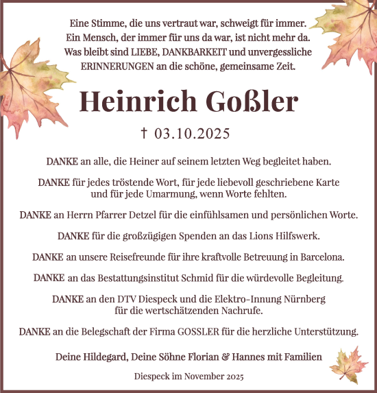 Traueranzeige von Heinrich Goßler von Neustadt/ Scheinfeld/ Uffenheim
