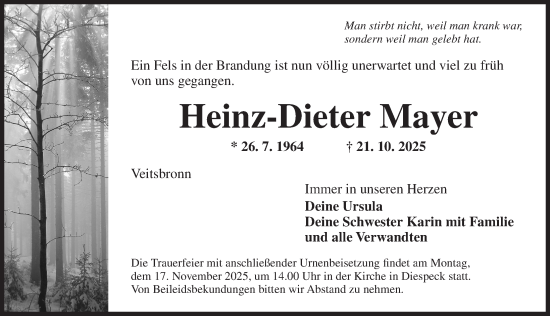 Traueranzeige von Heinz-Dieter Mayer von Neustadt/ Scheinfeld/ Uffenheim