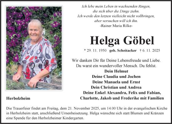 Traueranzeige von Helga Göbel von Neustadt/ Scheinfeld/ Uffenheim