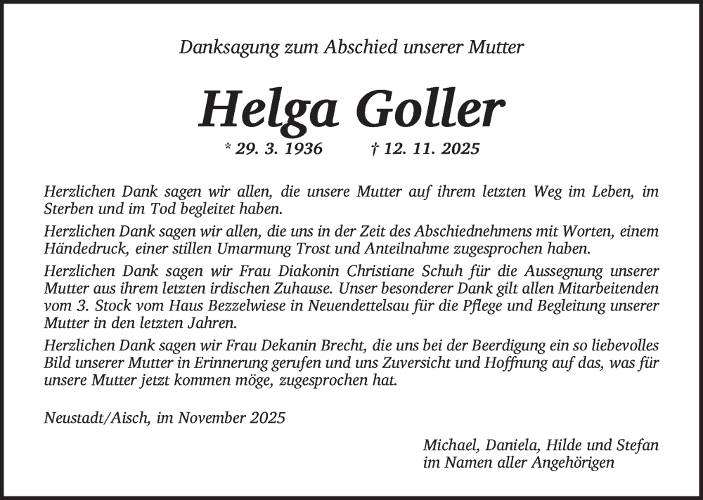  Traueranzeige für Helga Goller vom 29.11.2025 aus Ansbach
