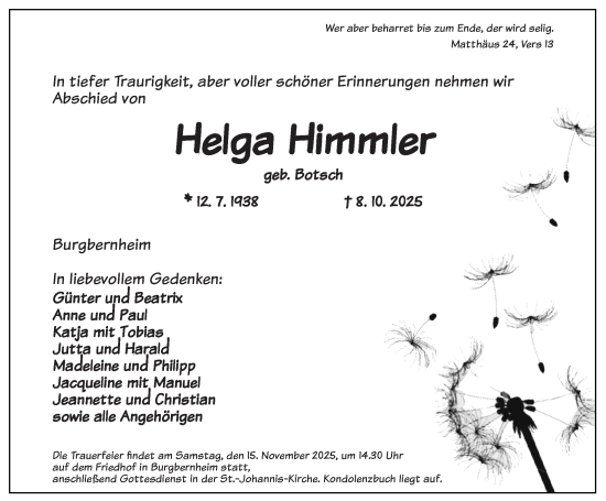 Traueranzeige von Helga Himmler von Neustadt/ Scheinfeld/ Uffenheim