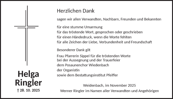 Traueranzeige von Helga Ringler von Ansbach