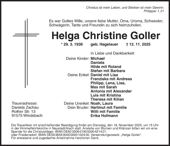 Traueranzeige von Helga Christine Goller von Ansbach