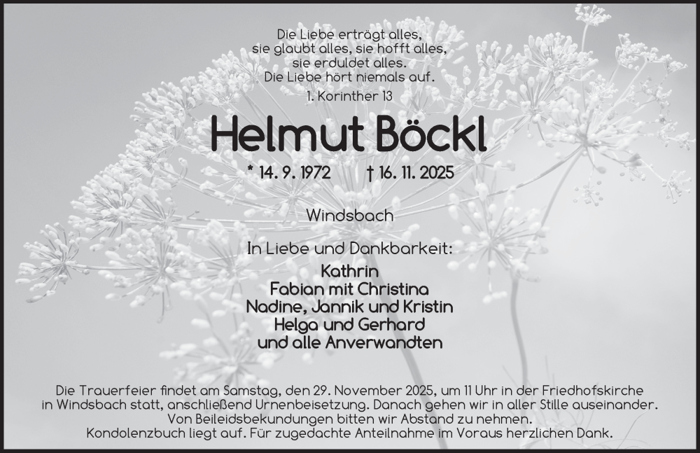  Traueranzeige für Helmut Böckl vom 22.11.2025 aus Ansbach