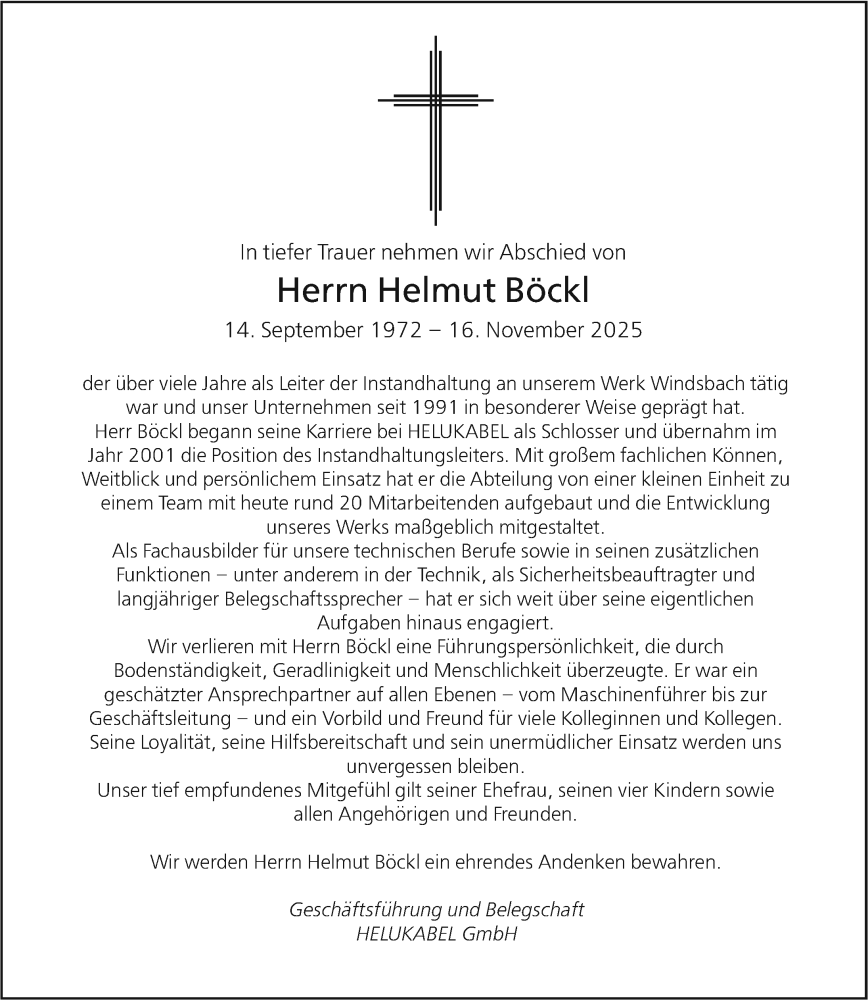  Traueranzeige für Helmut Böckl vom 26.11.2025 aus Ansbach