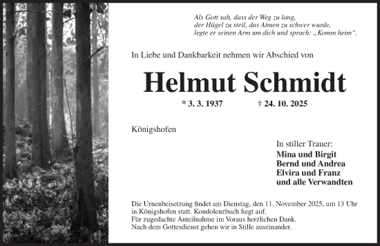 Traueranzeige von Helmut Schmidt von Ansbach