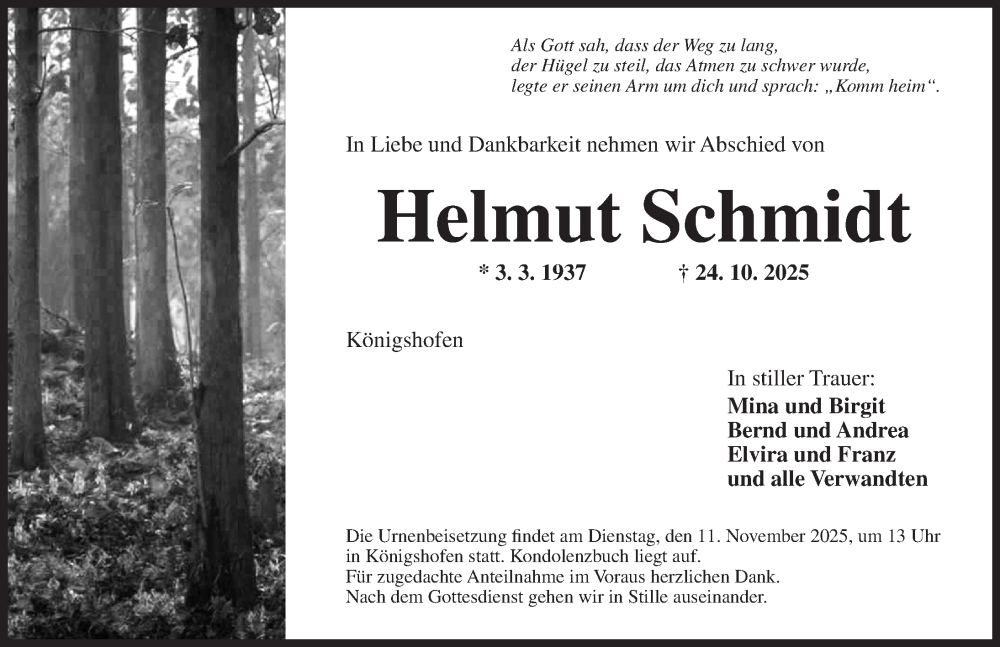  Traueranzeige für Helmut Schmidt vom 08.11.2025 aus Ansbach