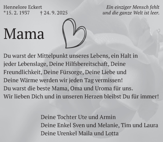 Traueranzeige von Hennelore Eckert von Ansbach