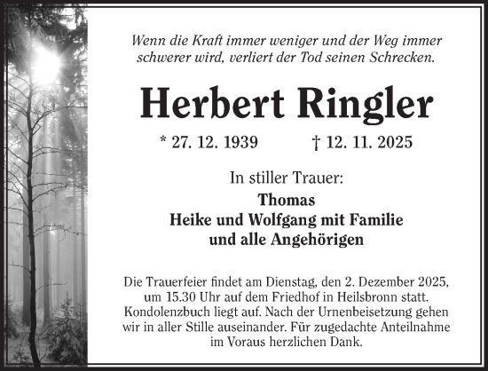 Traueranzeige von Herbert Ringler von Ansbach