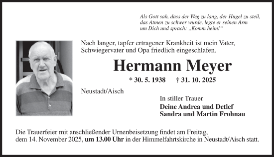 Traueranzeige von Hermann Meyer von Neustadt/ Scheinfeld/ Uffenheim