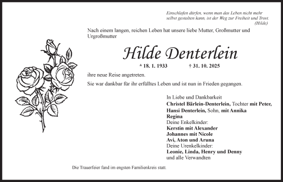 Traueranzeige von Hilde Denterlein von Neustadt/ Scheinfeld/ Uffenheim