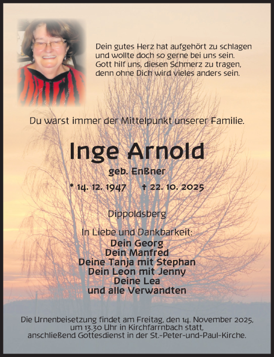 Traueranzeige von Inge Arnold von Neustadt/ Scheinfeld/ Uffenheim