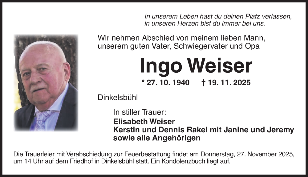  Traueranzeige für Ingo Weiser vom 24.11.2025 aus Dinkelsbühl/ Feuchtwangen