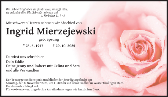 Traueranzeige von Ingrid Mierzejewski von Dinkelsbühl/ Feuchtwangen