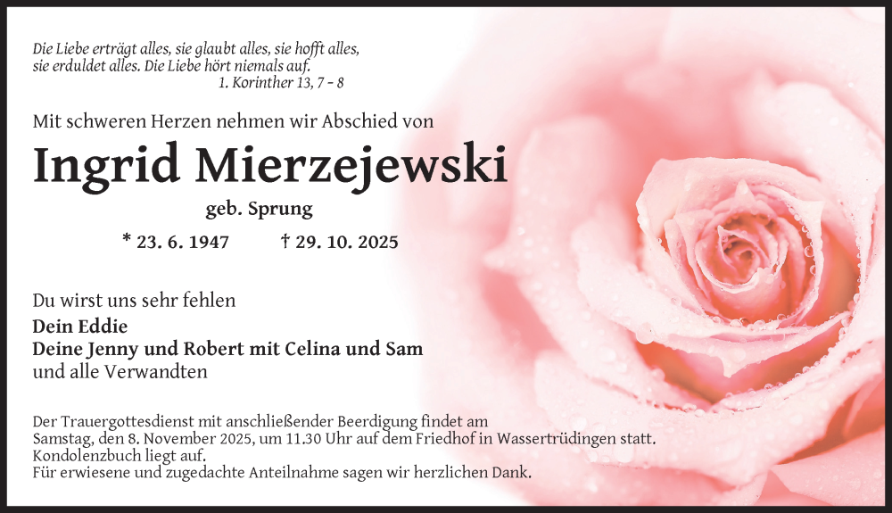  Traueranzeige für Ingrid Mierzejewski vom 06.11.2025 aus Dinkelsbühl/ Feuchtwangen