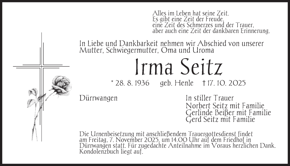  Traueranzeige für Irma Seitz vom 05.11.2025 aus Dinkelsbühl/ Feuchtwangen