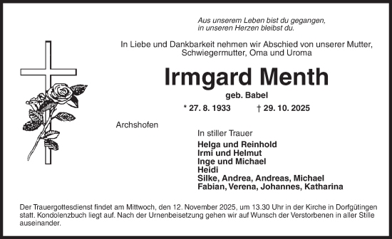 Traueranzeige von Irmgard Menth von Dinkelsbühl/ Feuchtwangen