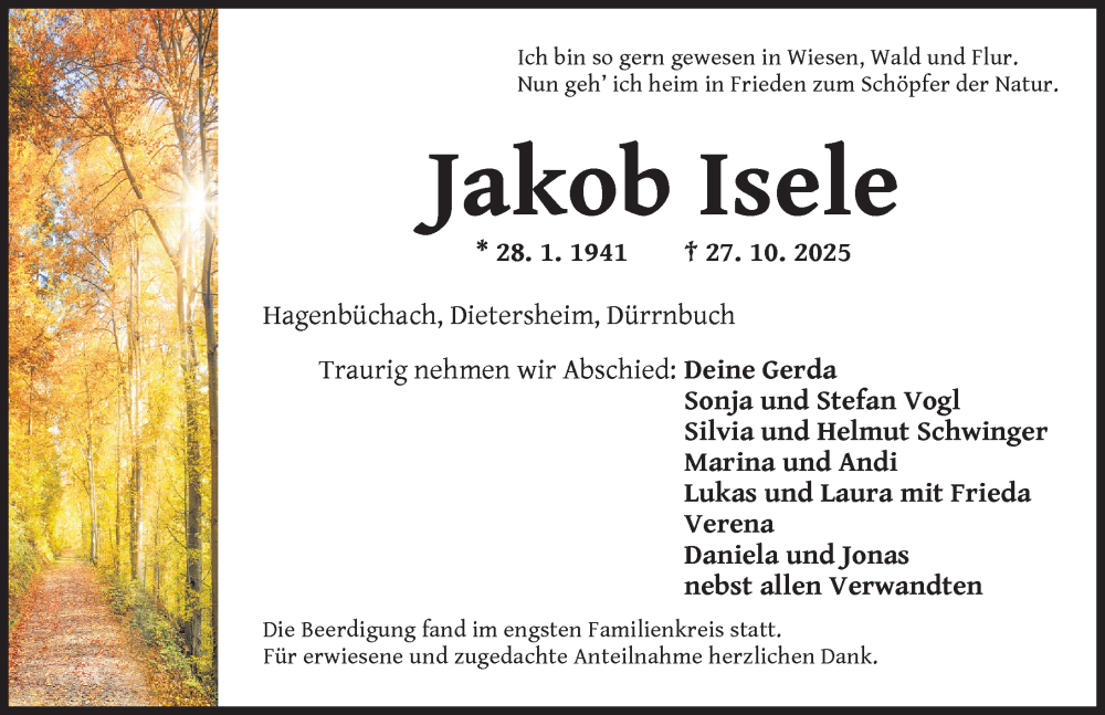  Traueranzeige für Jakob Isele vom 04.11.2025 aus Neustadt/ Scheinfeld/ Uffenheim
